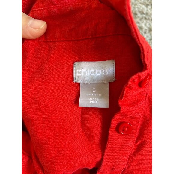 Chicos Red 100% Linen Shirt Dress Womens Sz 16 Short Sleeve Button-Up - Picture 7 of 11